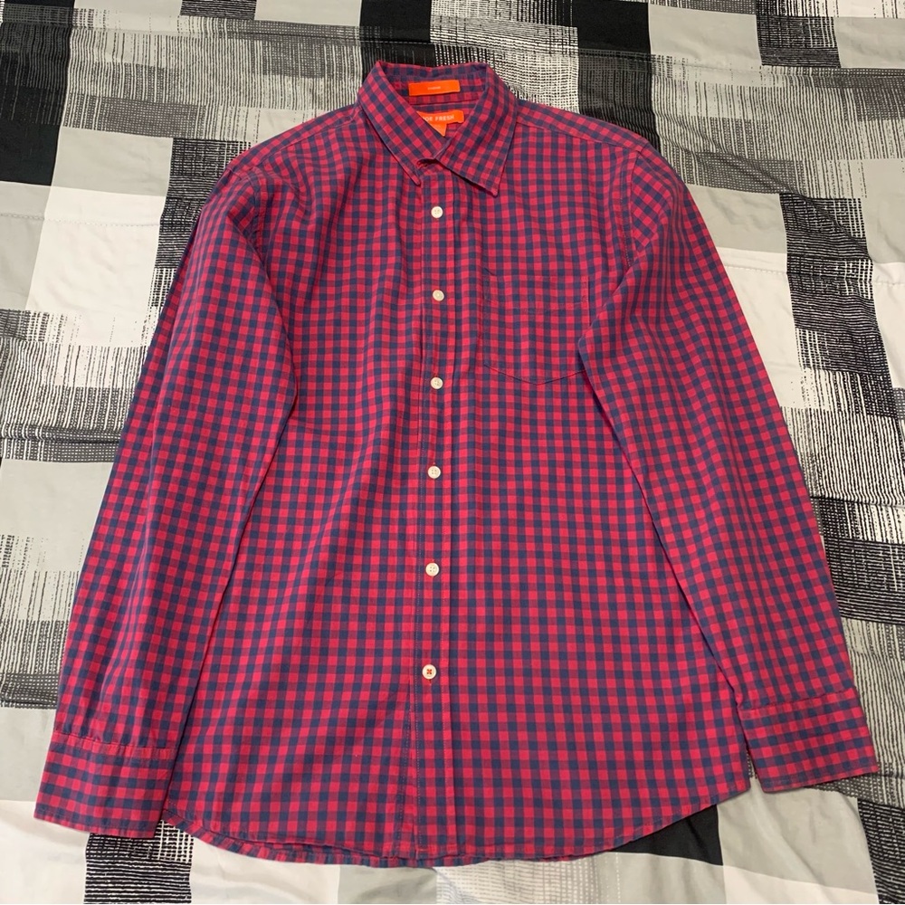 Joe Fresh Red Navy Gingham Long Sleeve Button-Up Shirt (S)